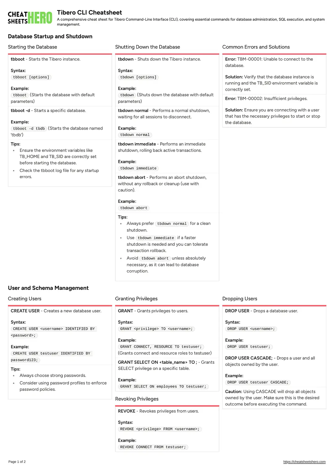 Tibero CLI Cheatsheet