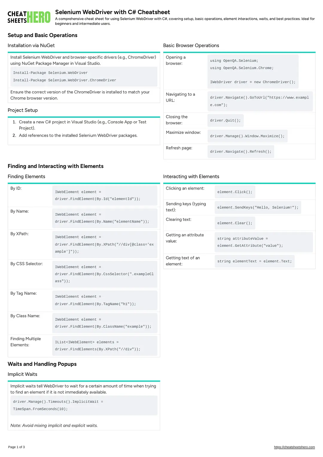 Selenium WebDriver with C# Cheatsheet