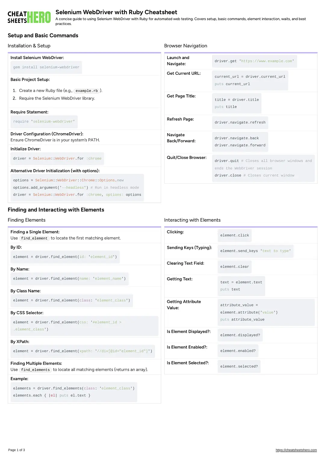 Selenium WebDriver with Ruby Cheatsheet