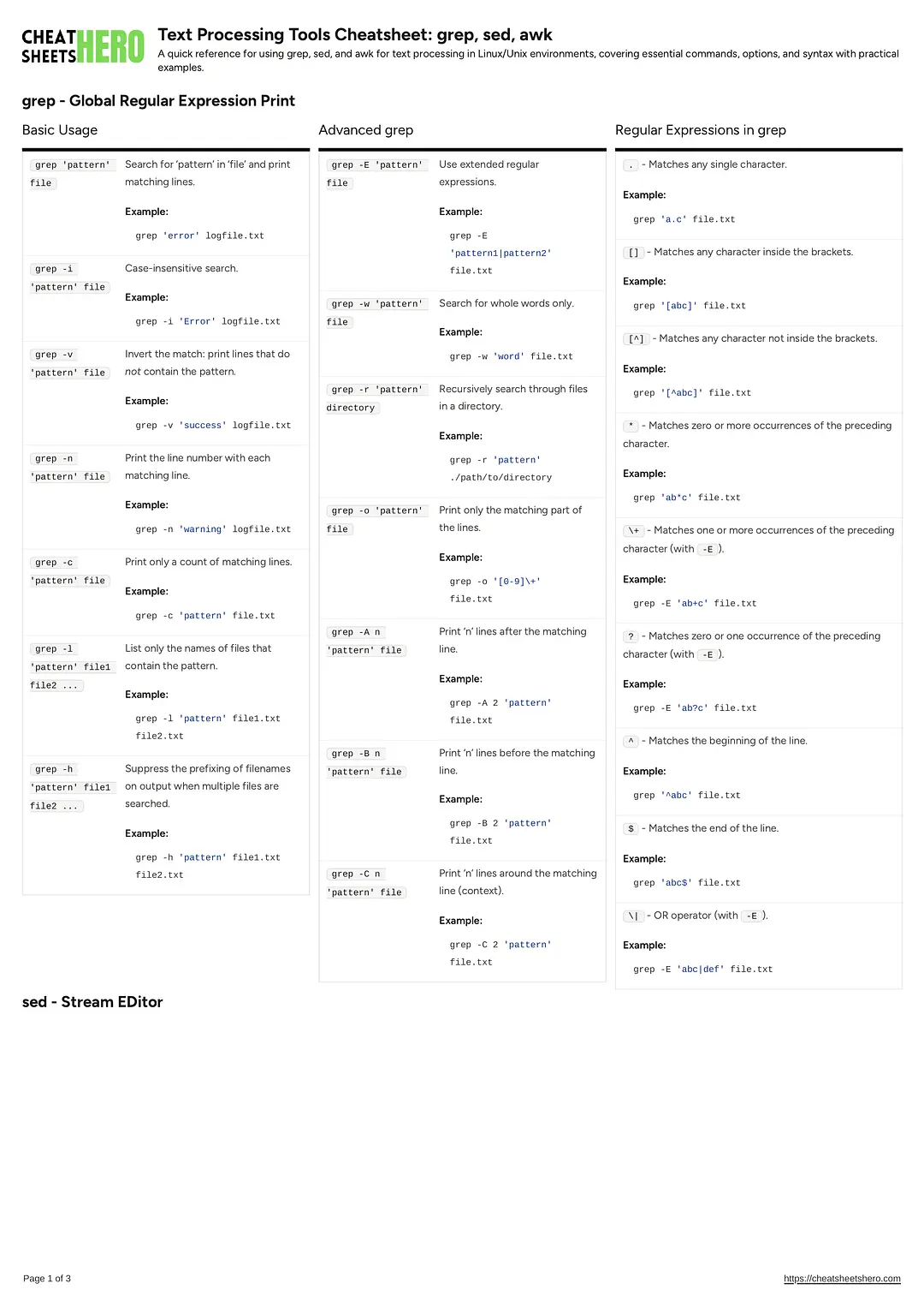 Text Processing Tools Cheatsheet: grep, sed, awk