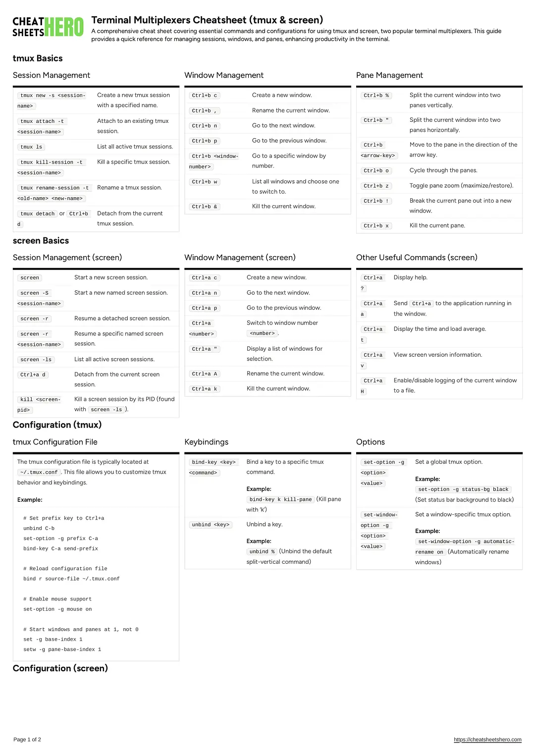 Terminal Multiplexers Cheatsheet (tmux & screen)