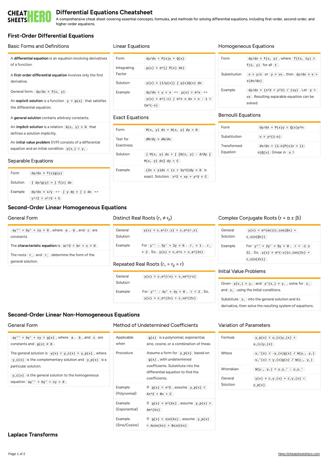 Differential Equations Cheatsheet