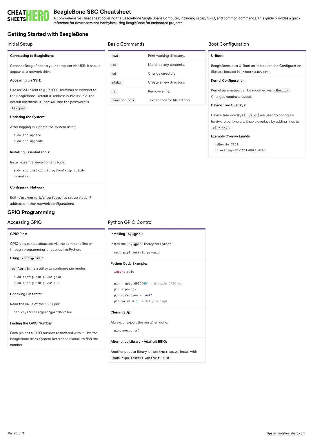 BeagleBone SBC Cheatsheet