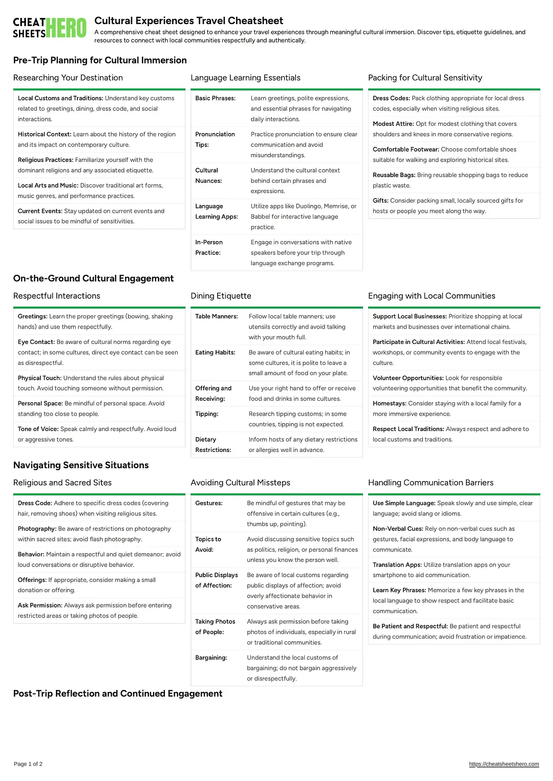 Cultural Experiences Travel Cheatsheet