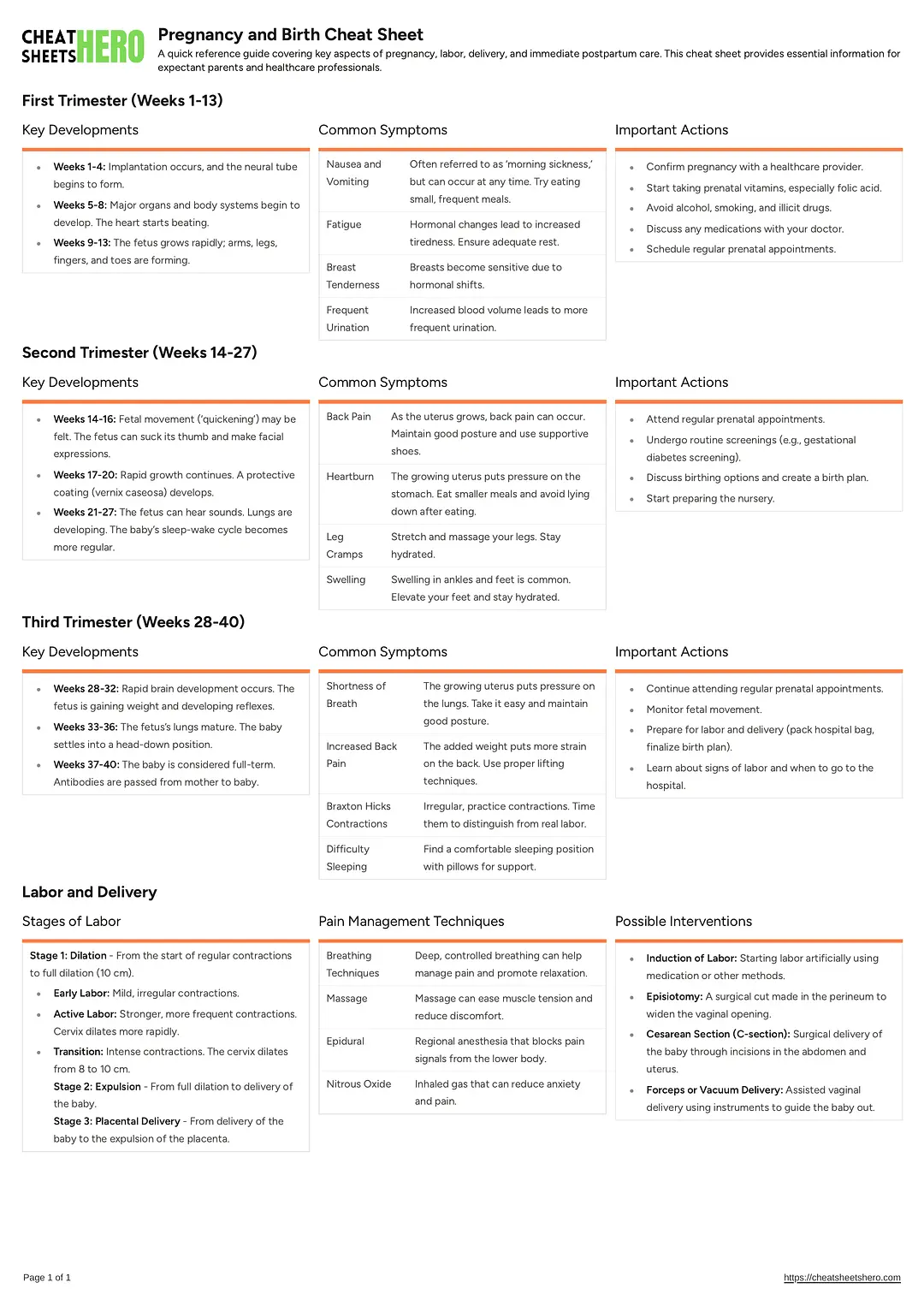 Pregnancy and Birth Cheat Sheet