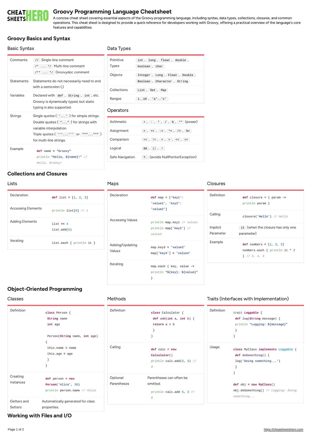 Groovy Programming Language Cheatsheet