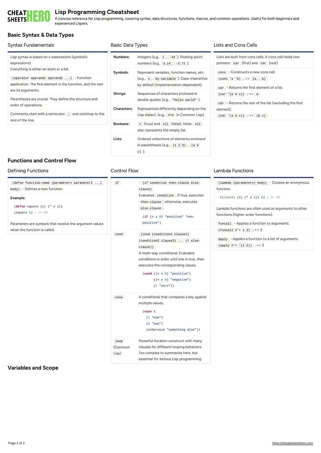 Lisp Programming Cheatsheet