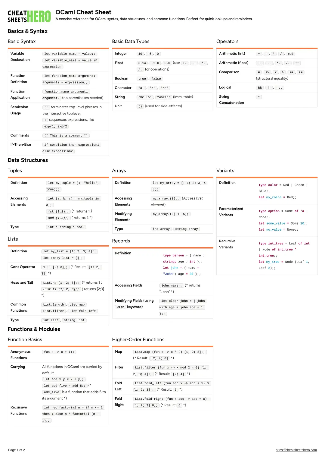 OCaml Cheat Sheet