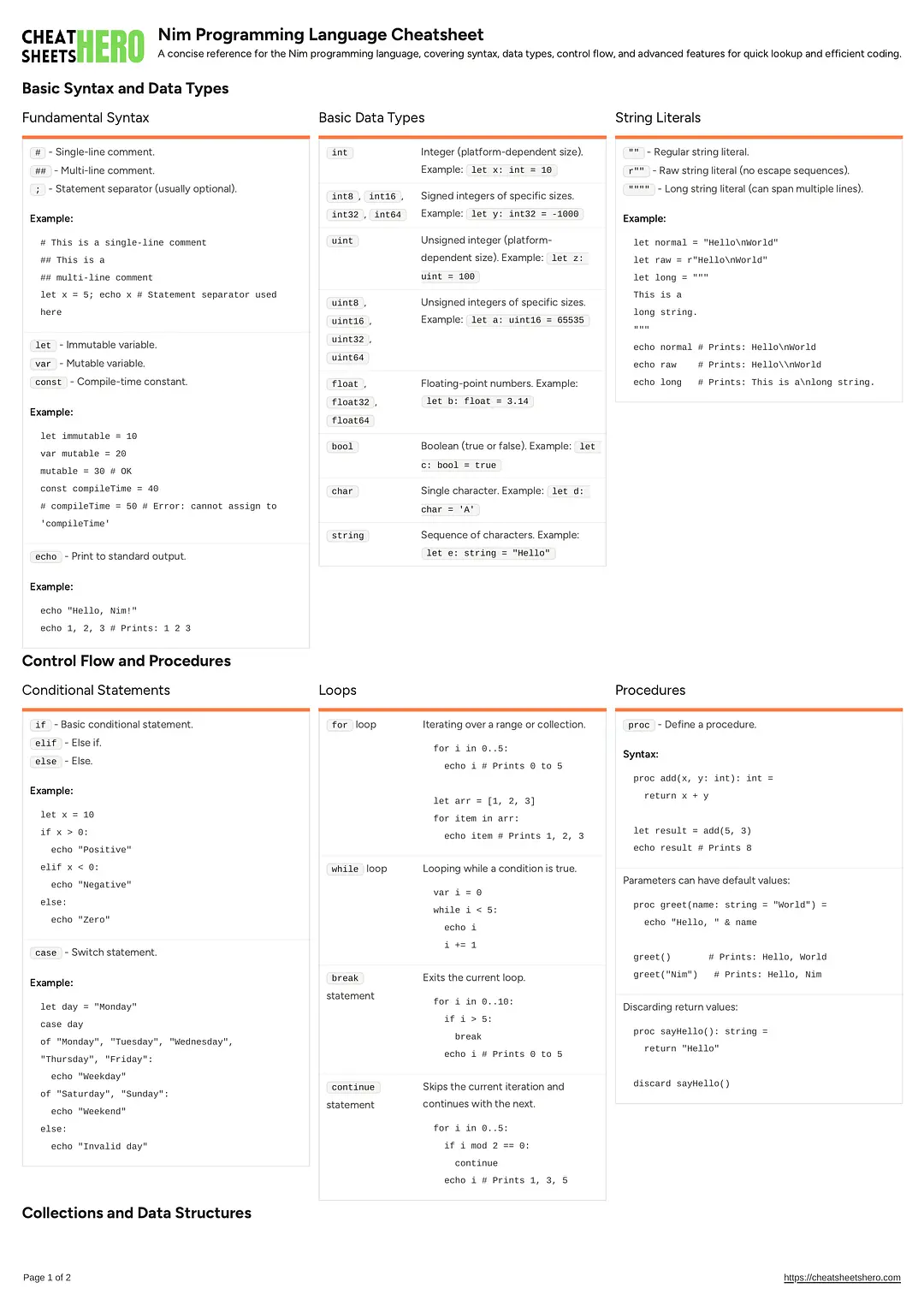 Nim Programming Language Cheatsheet