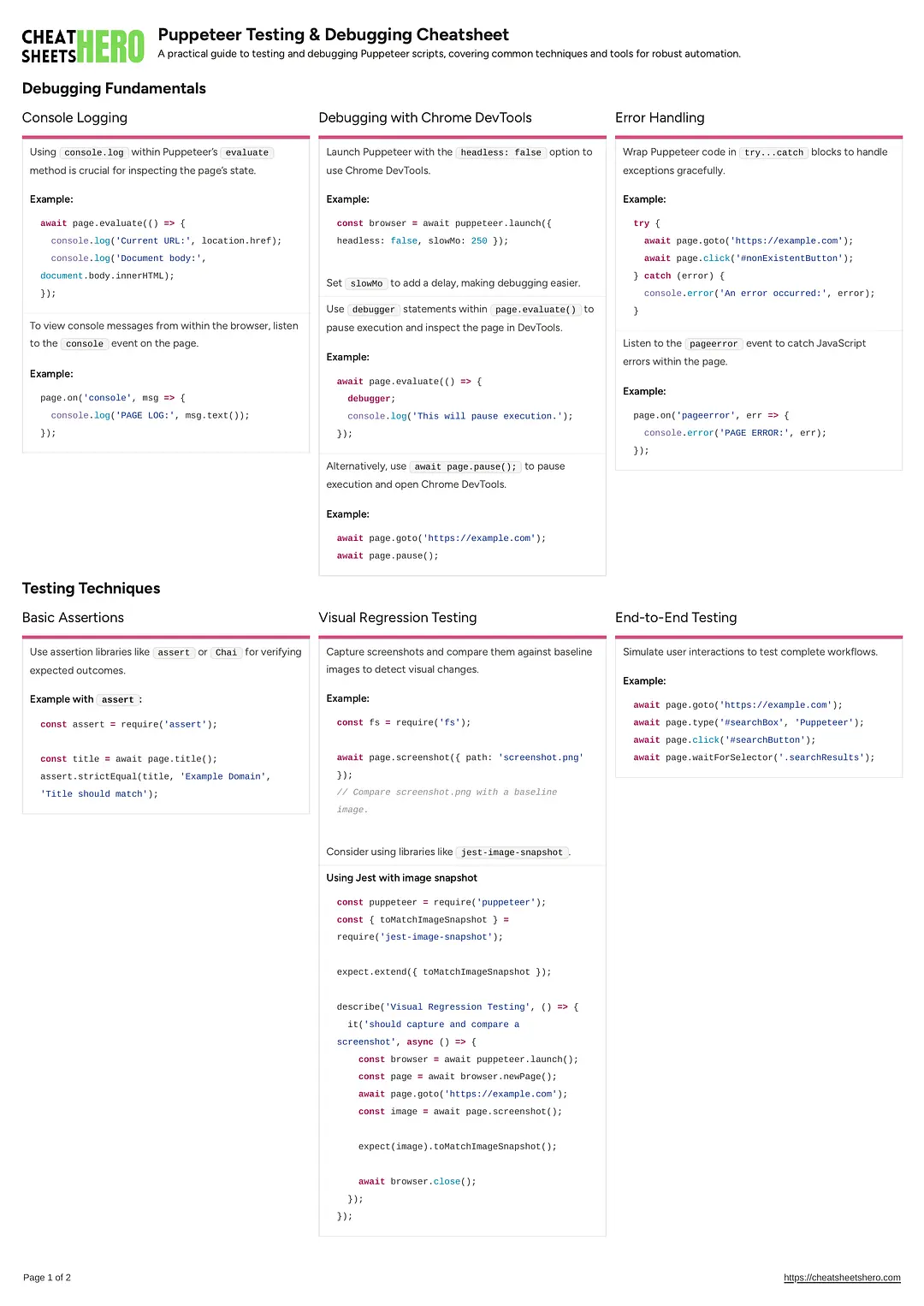 Puppeteer Testing & Debugging Cheatsheet