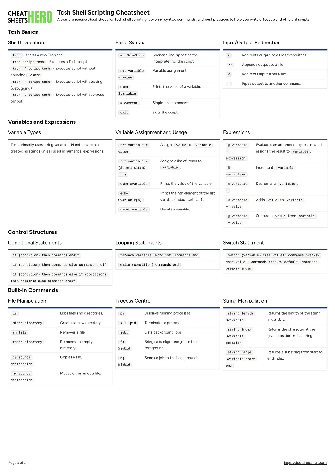 Tcsh Shell Scripting Cheatsheet