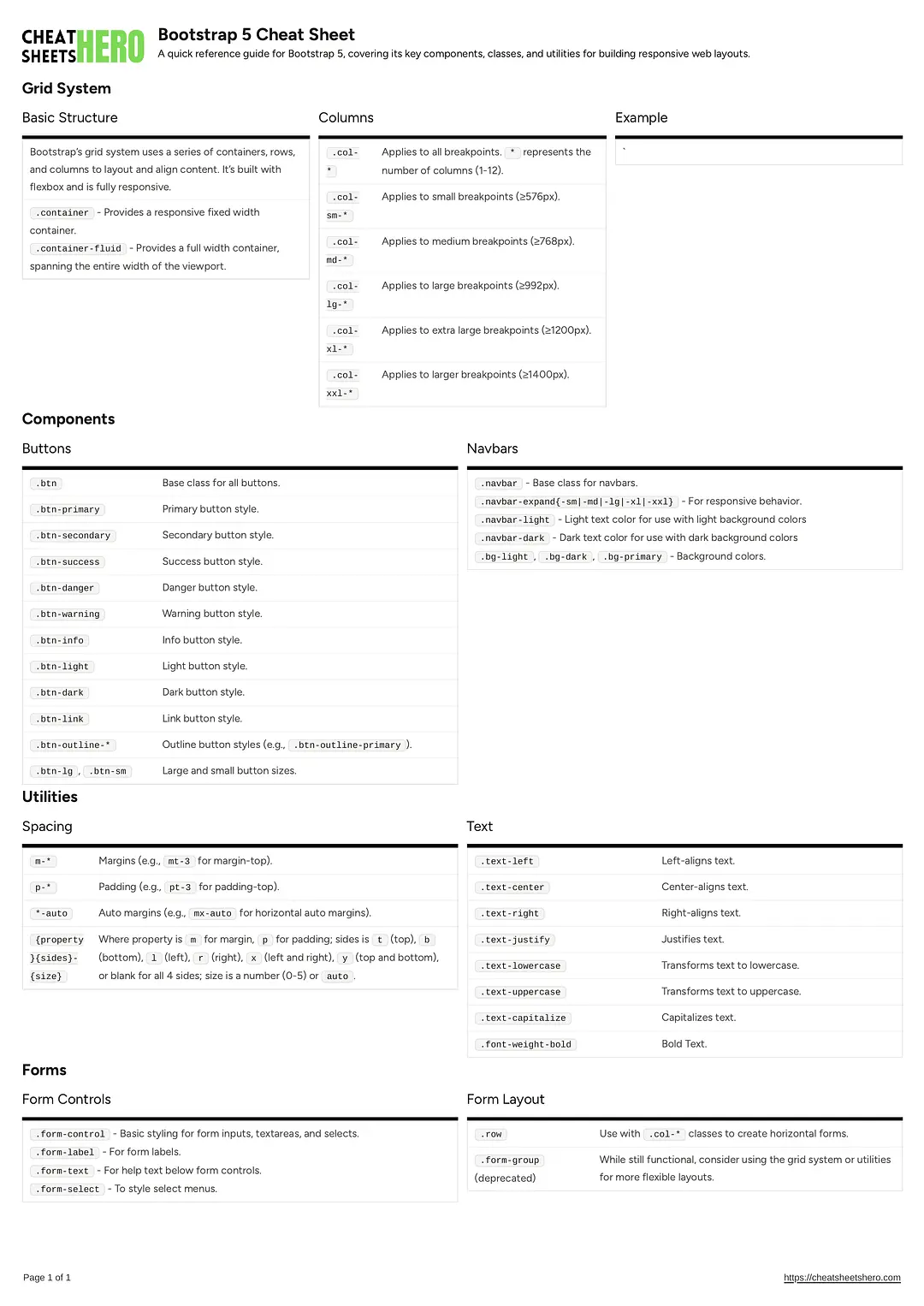 Bootstrap 5 Cheat Sheet