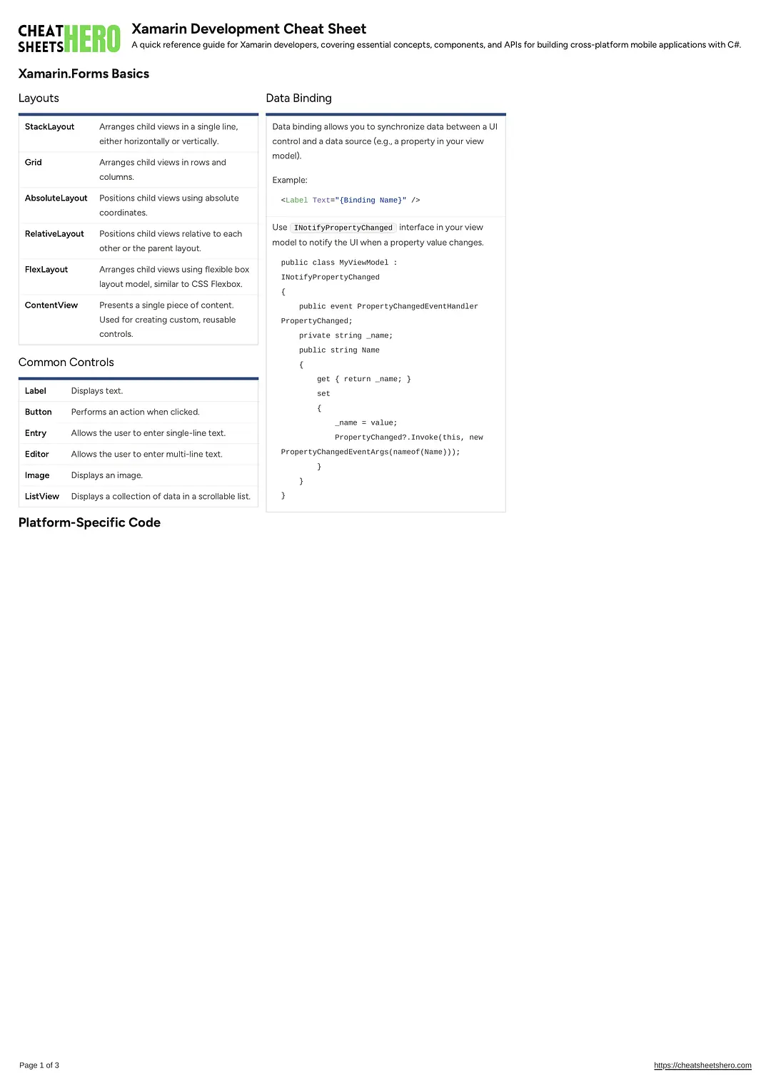 Xamarin Development Cheat Sheet