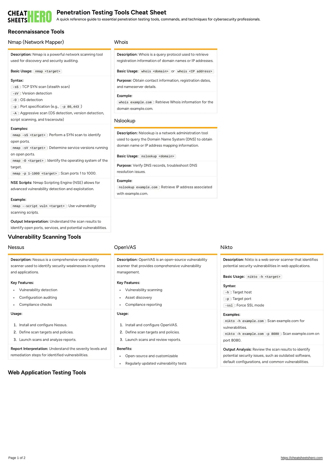 Penetration Testing Tools Cheat Sheet