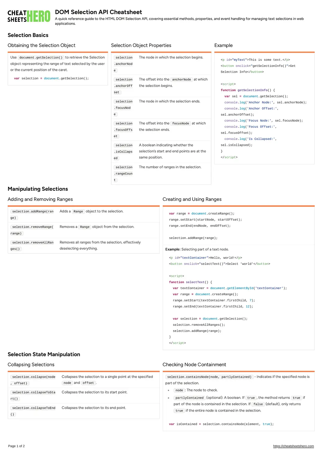 DOM Selection API Cheatsheet