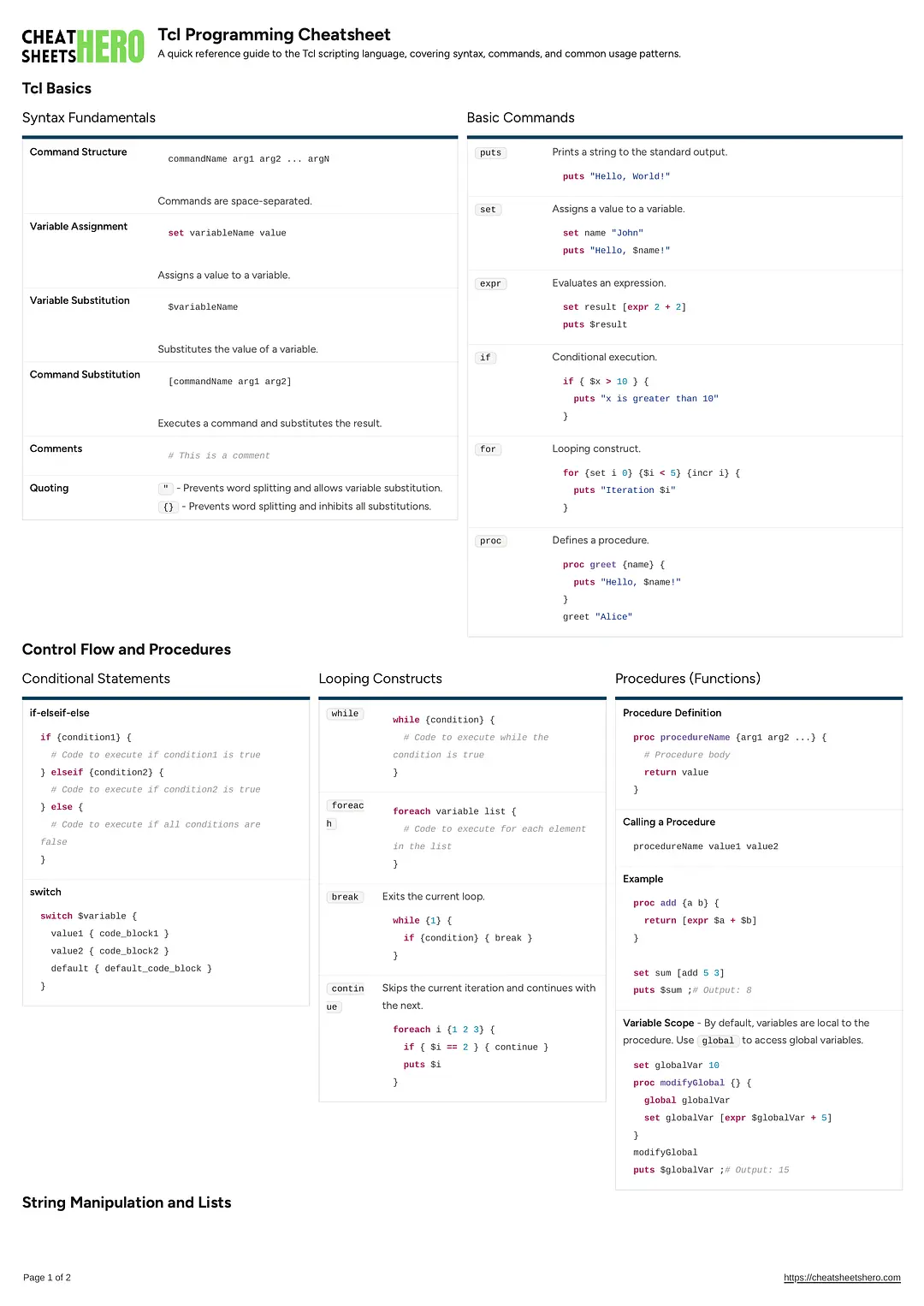 Tcl Programming Cheatsheet