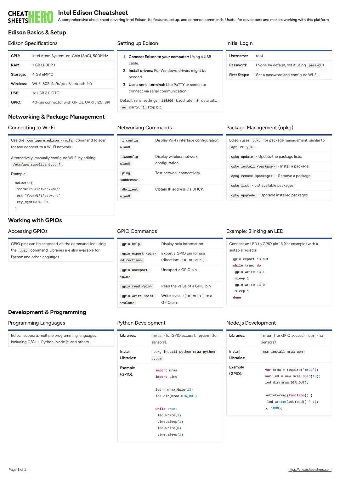 Intel Edison Cheatsheet