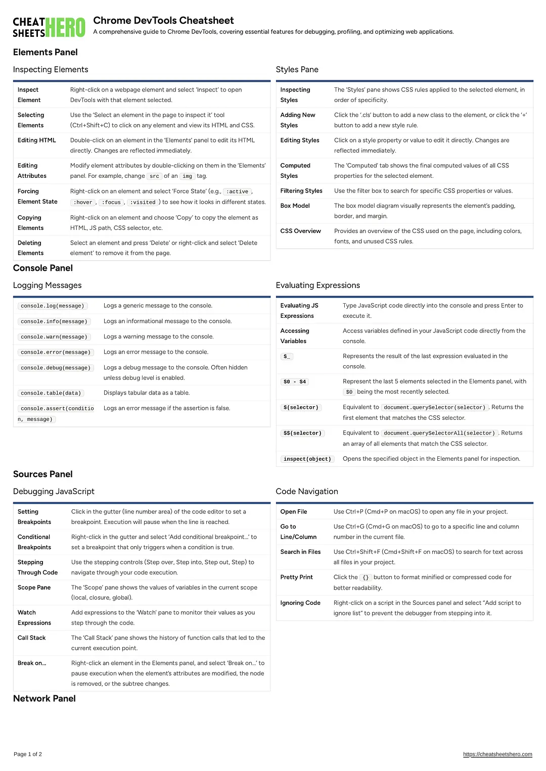 Chrome DevTools Cheatsheet