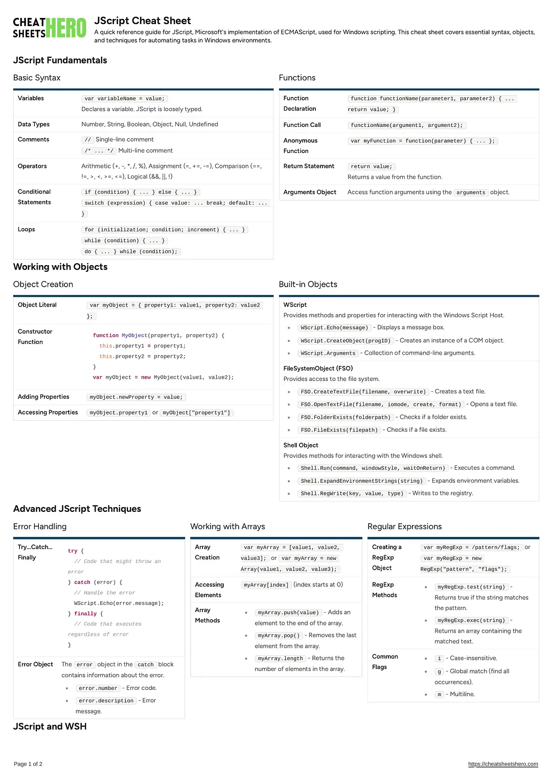 JScript Cheat Sheet