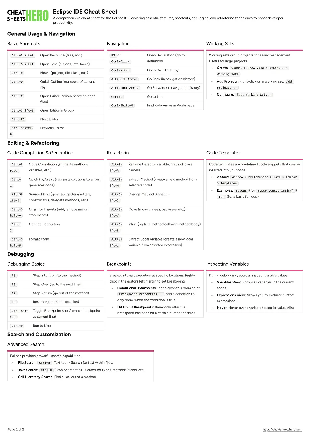 Eclipse IDE Cheat Sheet