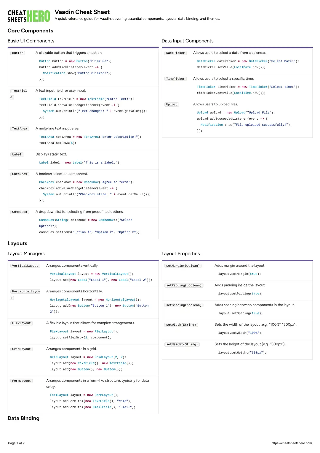 Vaadin Cheat Sheet