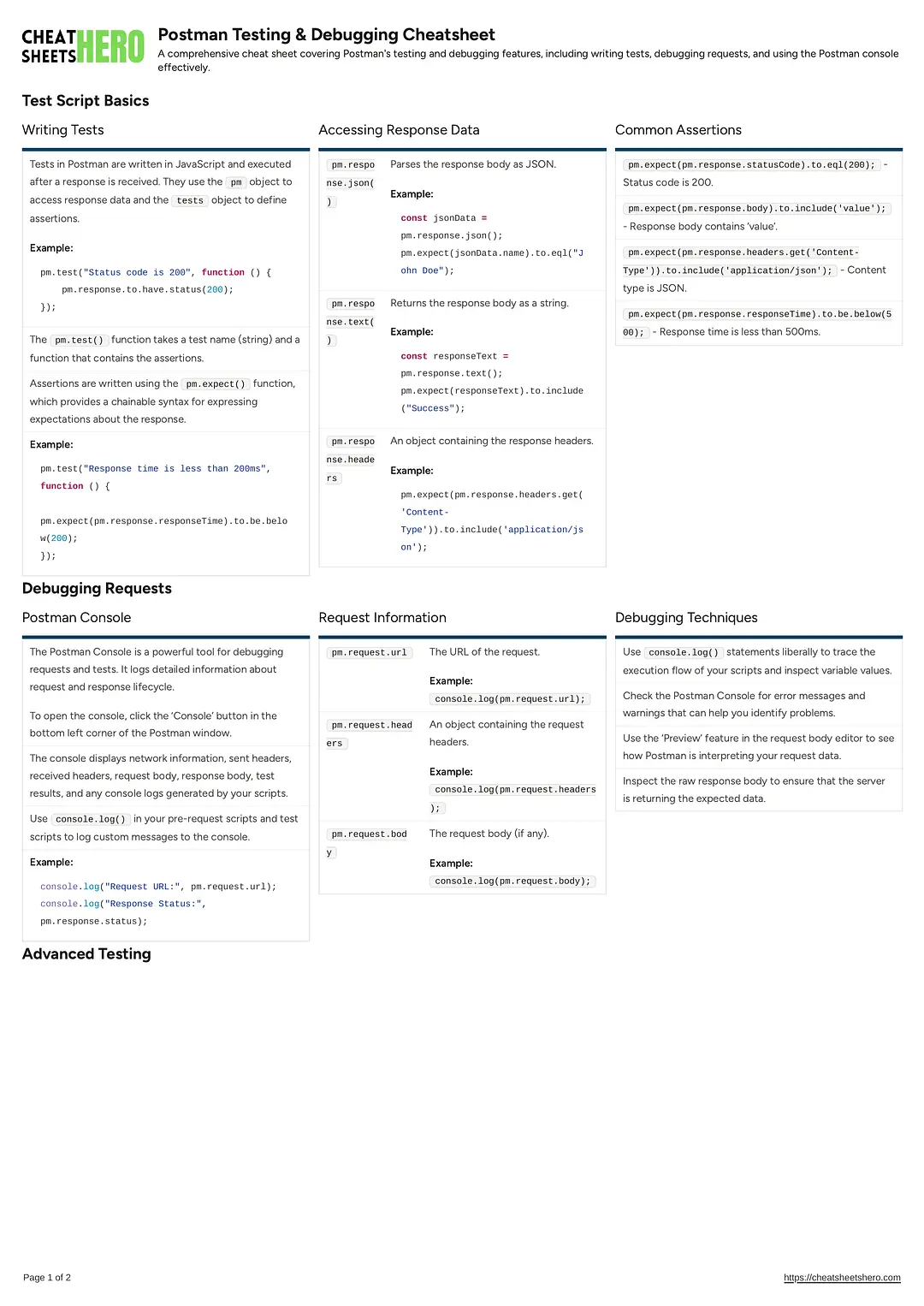 Postman Testing & Debugging Cheatsheet