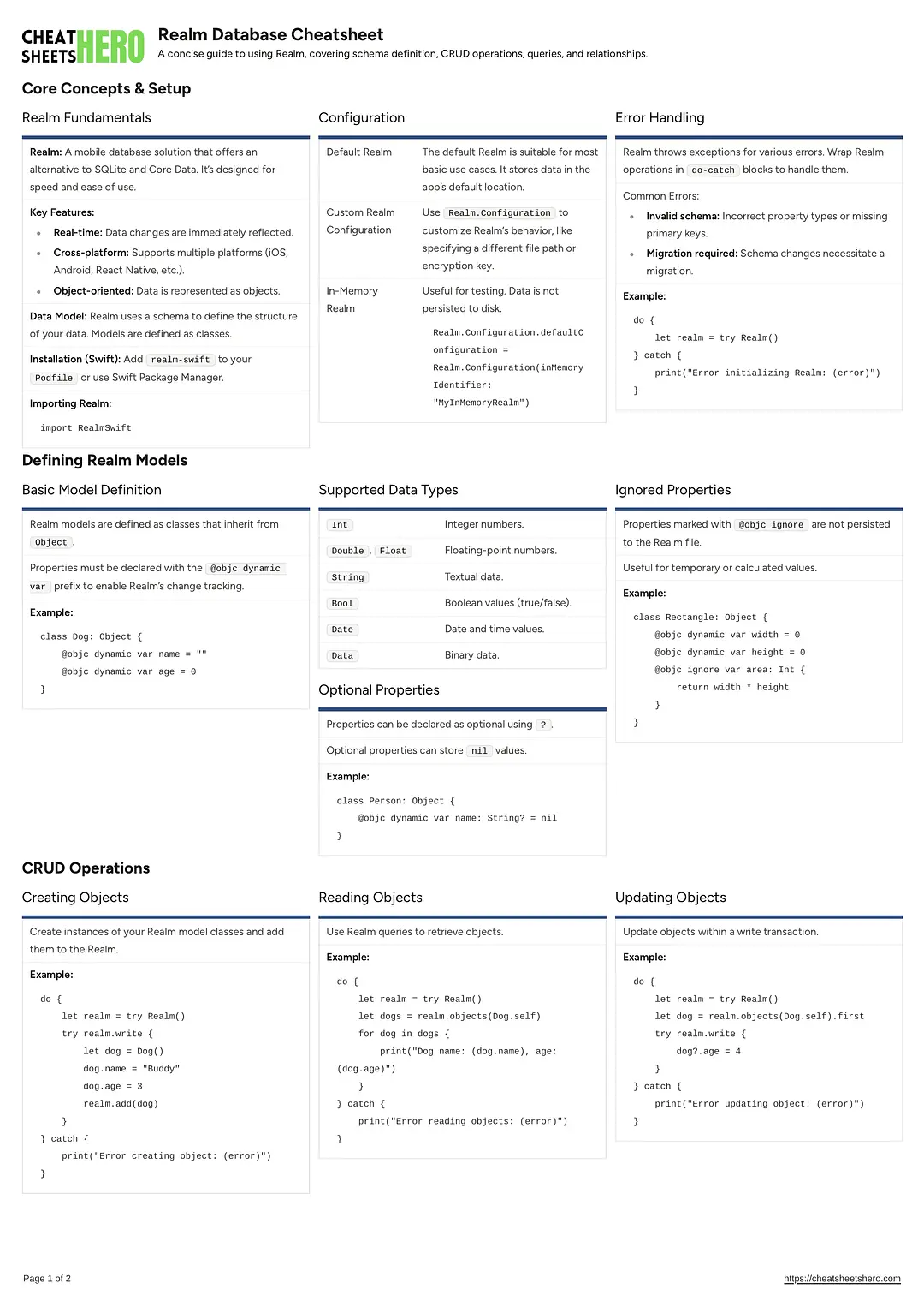 Realm Database Cheatsheet