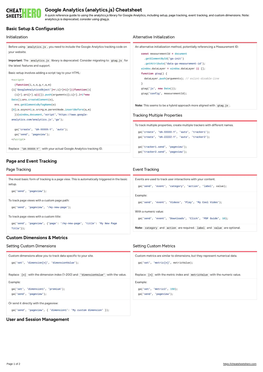 Google Analytics (analytics.js) Cheatsheet