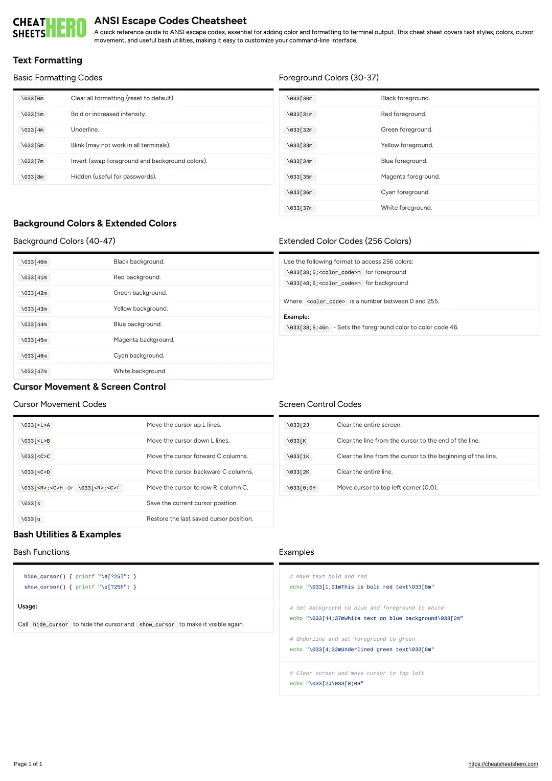 ANSI Escape Codes Cheatsheet