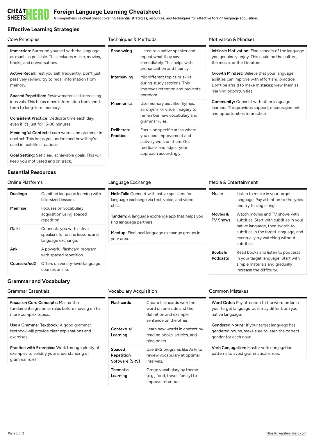 Foreign Language Learning Cheatsheet