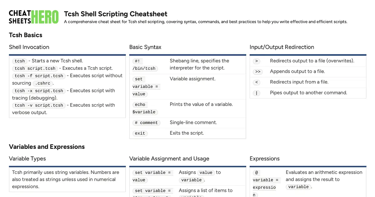 Tcsh Shell Scripting Cheatsheet | Cheat Sheets Hero