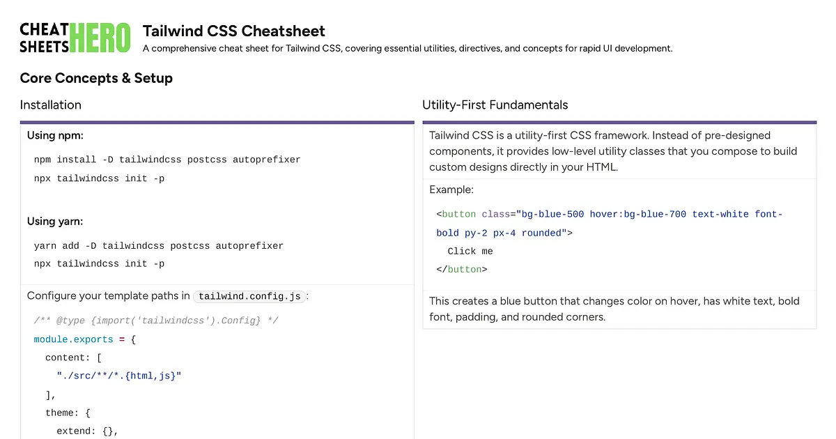 Tailwind CSS Cheatsheet | Cheat Sheets Hero