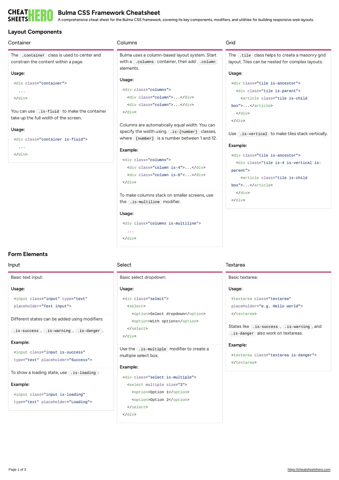 Bulma CSS Framework Cheatsheet
