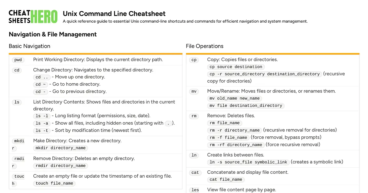 Unix Command Line Cheatsheet | Cheat Sheets Hero