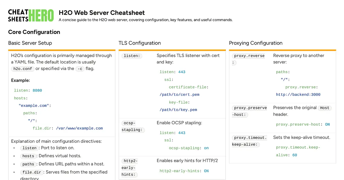 H2O Web Server Cheatsheet | Cheat Sheets Hero