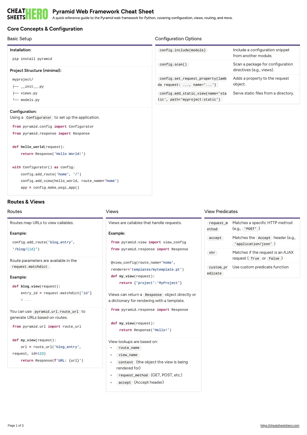 Pyramid Web Framework Cheat Sheet