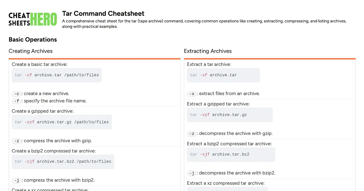 Tar Command Cheatsheet | Cheat Sheets Hero