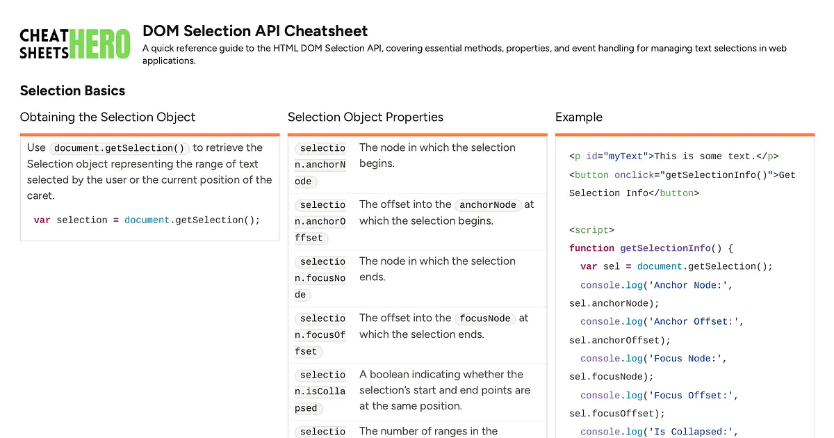 DOM Selection API Cheatsheet | Cheat Sheets Hero