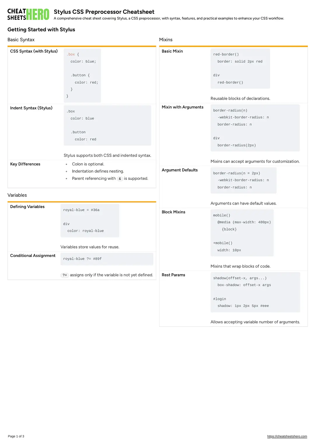 Stylus CSS Preprocessor Cheatsheet